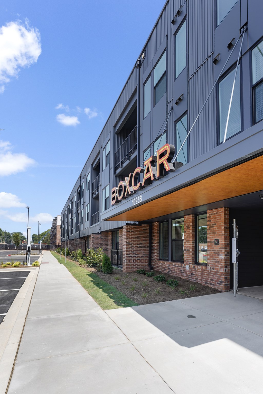A building with the word "BOXCAR" on it.