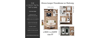 A floor plan for a townhouse with two bedrooms and two bathrooms.