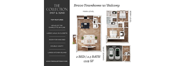A real estate listing for a townhouse with a balcony and a large kitchen island.