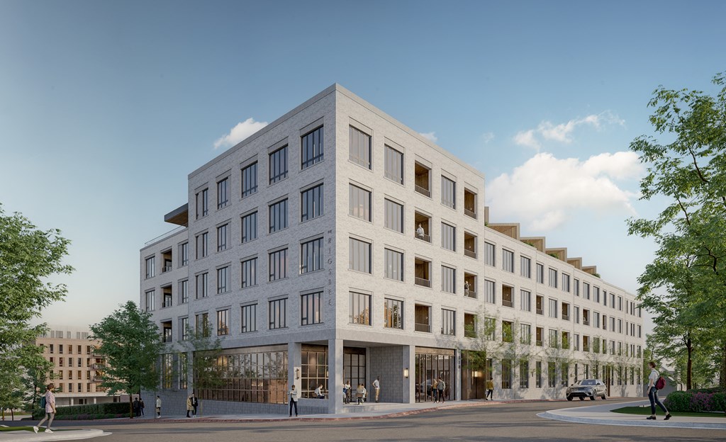 a rendering of a white building with many windows and people walking in front of it