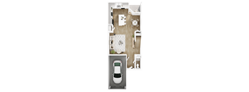 A car is parked in a garage attached to a house.