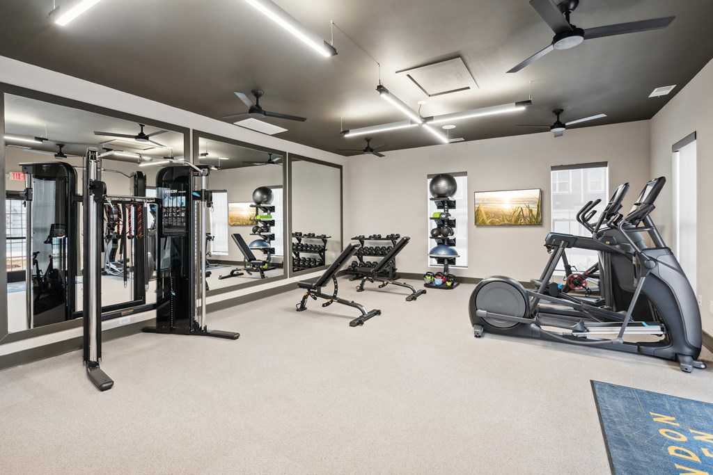 a gym with exercise equipment and mirrors on the wall
