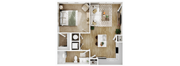 a 3d rendering of a bedroom with a bathroom and a living room