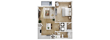 a 3d rendering of a bedroom with a bathroom and a living room