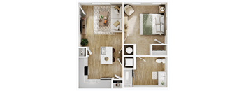 a 3d rendering of a bedroom with a bathroom and a living room