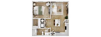 a 3d rendering of a bedroom with a bathroom and a living room