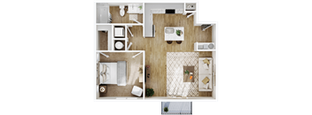 a 3d rendering of a bedroom and living room with a wood floor