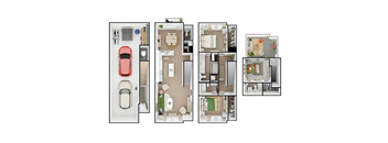 Four different floor plans of a house with a car.