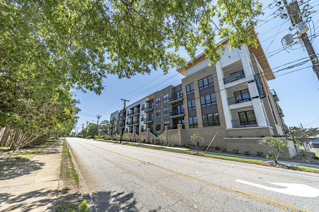 a large apartment building on the corner of a street at The Fitzgerald, Spartanburg, 29302