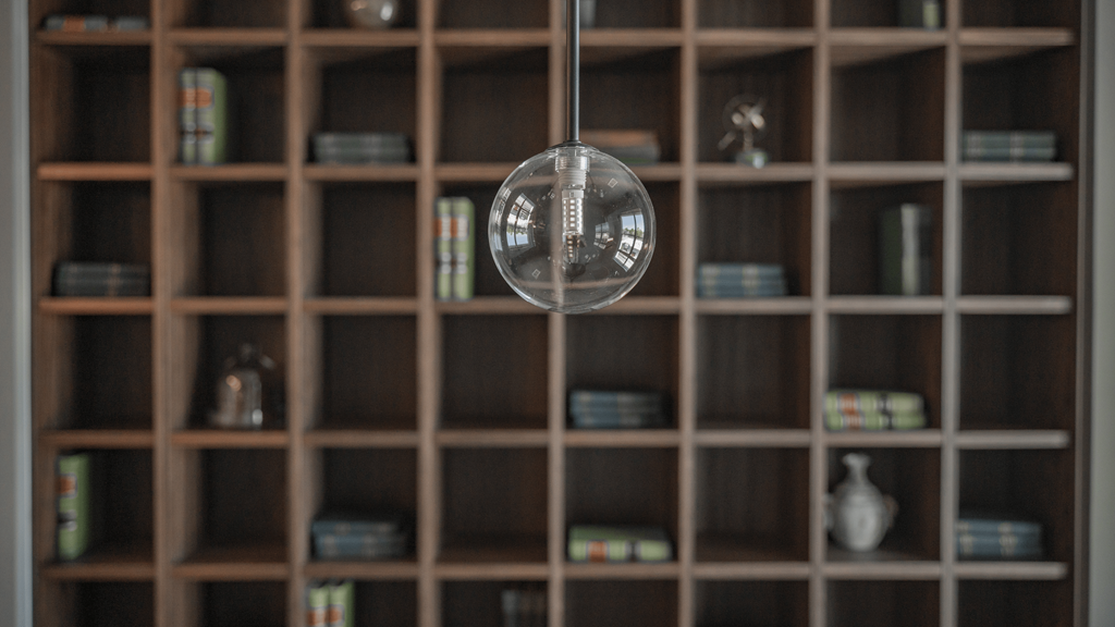 a glass globe hangs from the ceiling in front of a large bookshelf at The Fitzgerald, Spartanburg, 29302