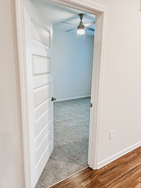 an open bedroom door with a blue wall and a ceiling fan at Hamilton Reserve, North Carolina