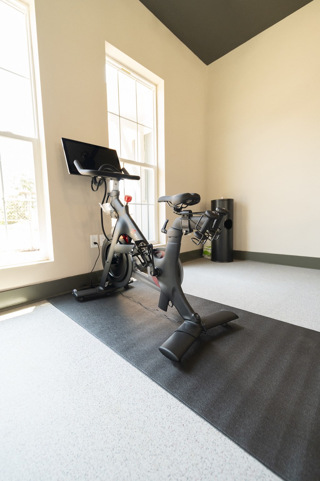 two exercise bikes in a room with two windows at Landon Green Artisan Cottages Apartments, North Carolina