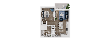 A floor plan of a small apartment with a bedroom, bathroom, and kitchen.