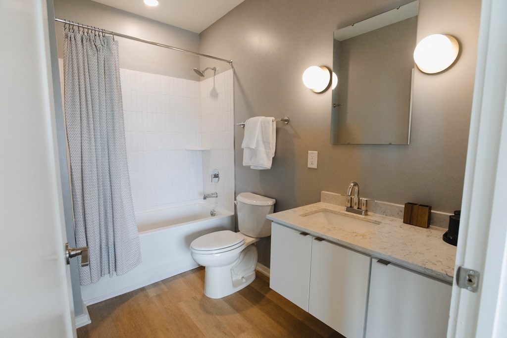 a bathroom with a shower toilet and sink and a mirror