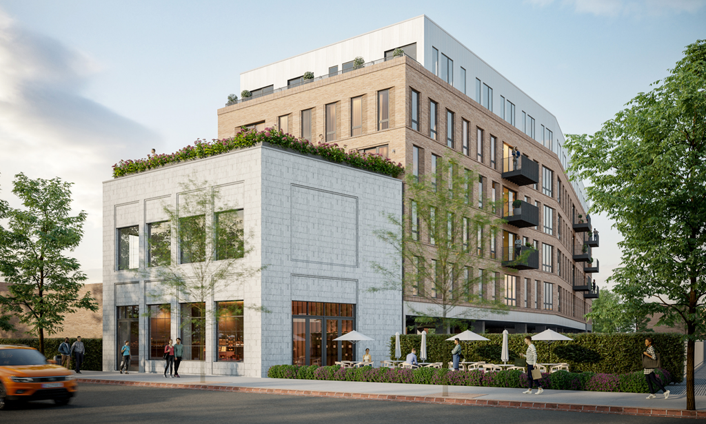 a rendering of a large brick building with a green roof
