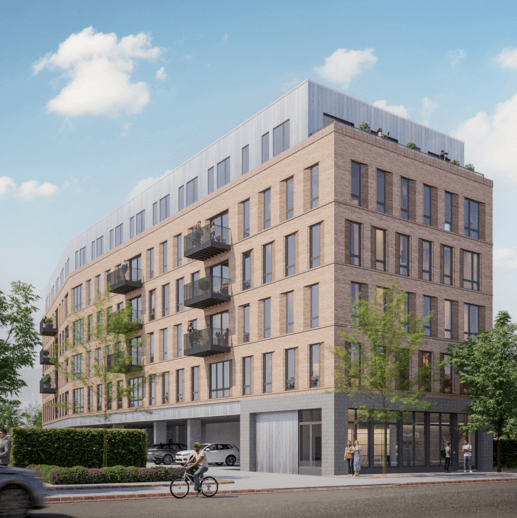 a rendering of a six story building with many windows and balconies