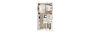 A top-down view of a small, neatly organized bathroom with a toilet, sink, and shower area.