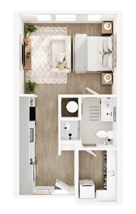 A top-down view of a small, neatly organized bathroom with a toilet, sink, and shower area.