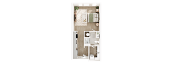 A top-down view of a small, neatly organized apartment with a bed, a desk, and a kitchenette.