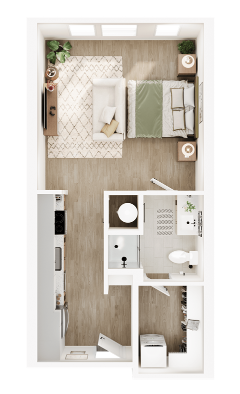 A top-down view of a small, neatly organized apartment with a bed, a desk, and a kitchenette.