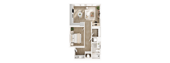 A top-down view of a small apartment with a kitchen, living room, and bathroom.