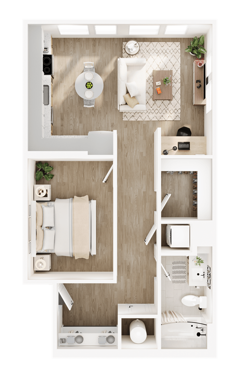 A top-down view of a small apartment with a kitchen, living room, and bathroom.