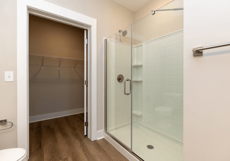 A bathroom with a walk-in shower and a toilet.