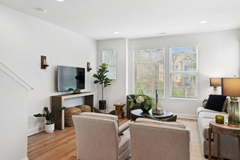 A living room with a television, two chairs, a table, and a potted plant.