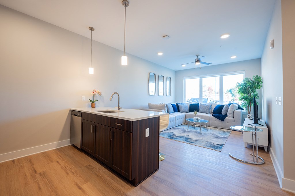 a living room with a couch and a kitchen at Park View Greer, Greer, 29365