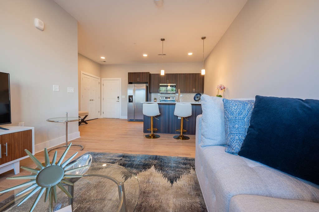 a living room with a couch and a kitchen at Park View Greer, Greer, SC, 29365
