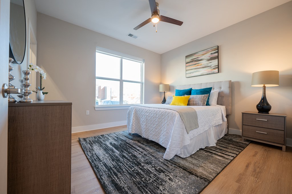 a bedroom with a bed and a ceiling fan at Park View Greer, Greer
