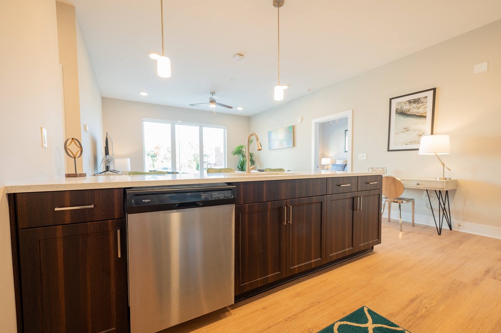 a kitchen with a stainless steel dishwasher and a counter top at Park View Greer, Greer