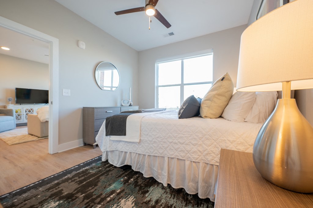 a bedroom with a large bed and a ceiling fan at Park View Greer, Greer, 29365