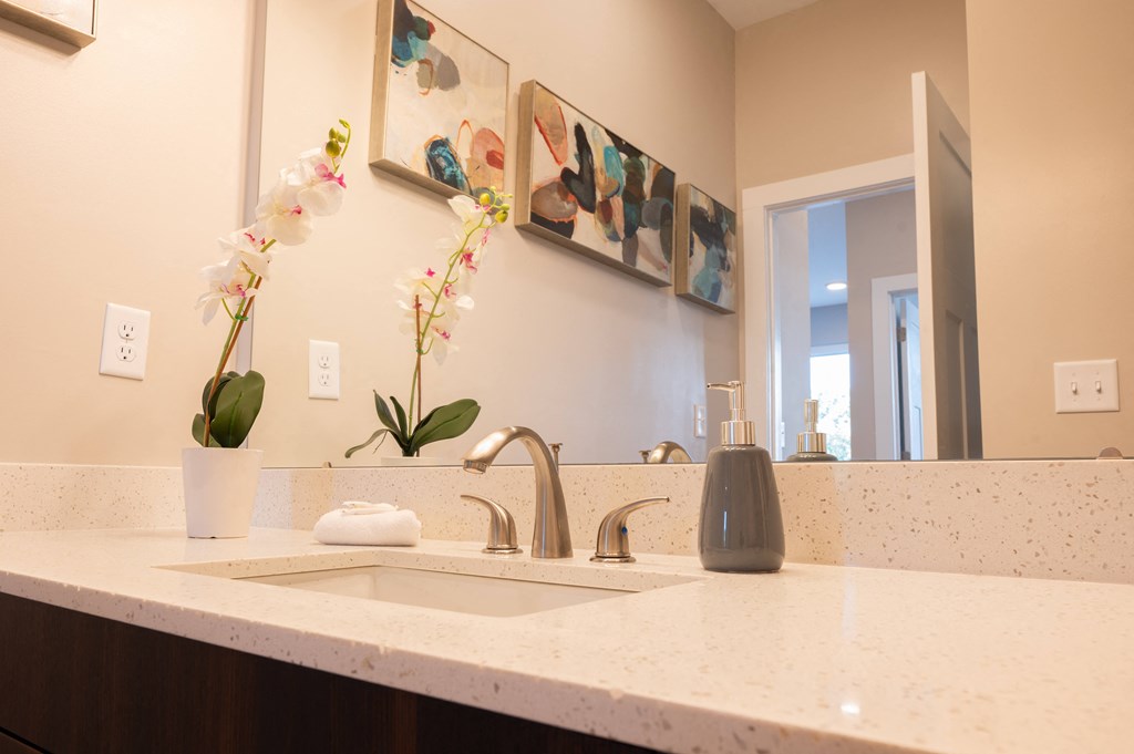 a bathroom with a sink and a mirror at Park View Greer, Greer