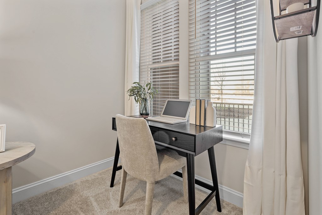 A chair is in front of a desk with a laptop and a plant on it.