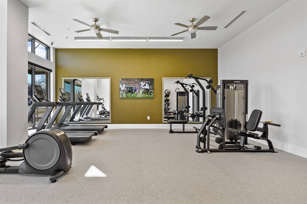 A spacious gym with treadmills, elliptical machines, and other exercise equipment.