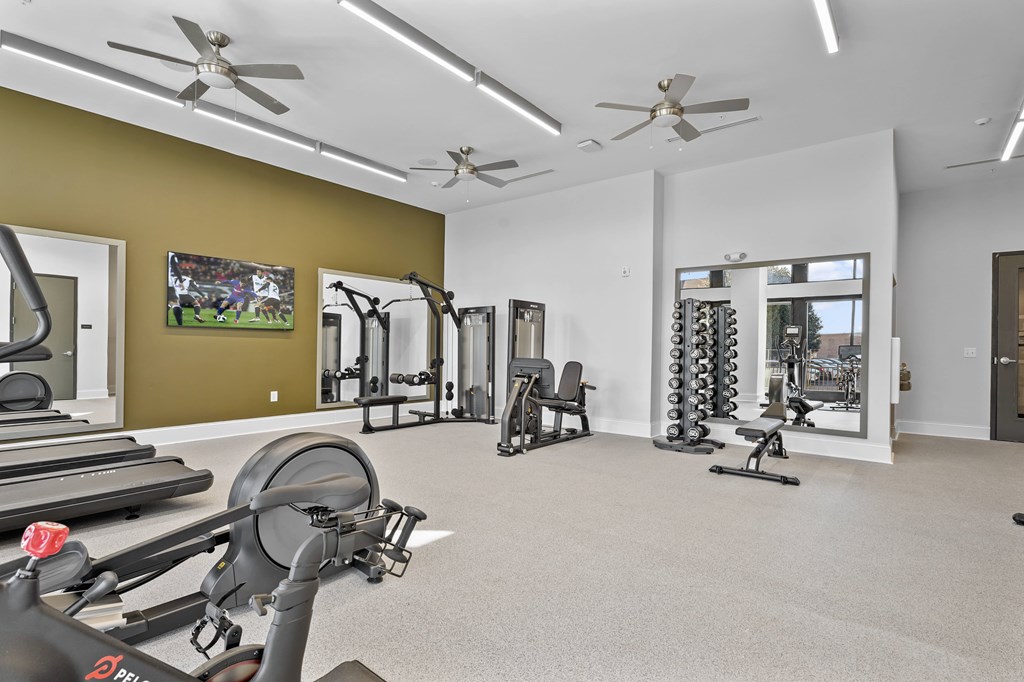 A spacious gym with a variety of equipment including treadmills, weights, and exercise machines.