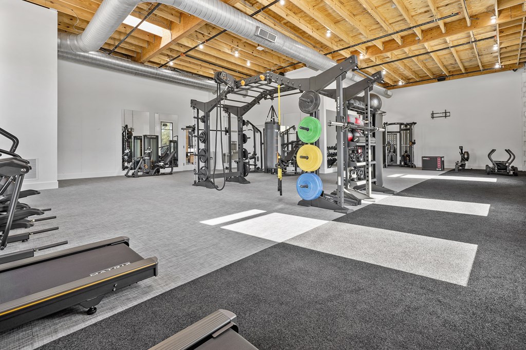 A gym with a variety of equipment including treadmills, weights, and exercise machines.
