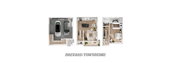 A Brevard townhome floor plan is displayed with three different views.