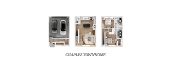 A Charles Townhome floor plan with three bedrooms and two bathrooms.