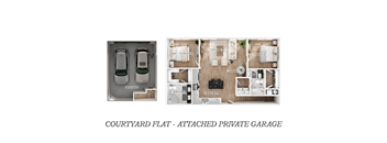 A floor plan of a courtyard flat with an attached private garage.