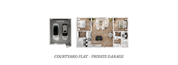 A floor plan of a courtyard flat with a private garage.