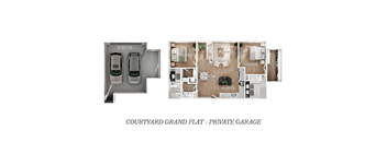 A floor plan of a courtyard grand flat with a private garage.