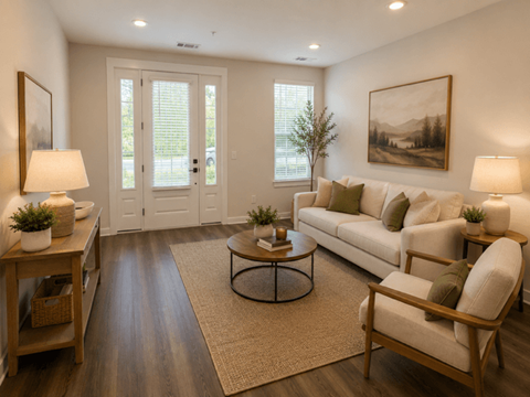 A living room with a white couch, a coffee table, and a painting on the wall.