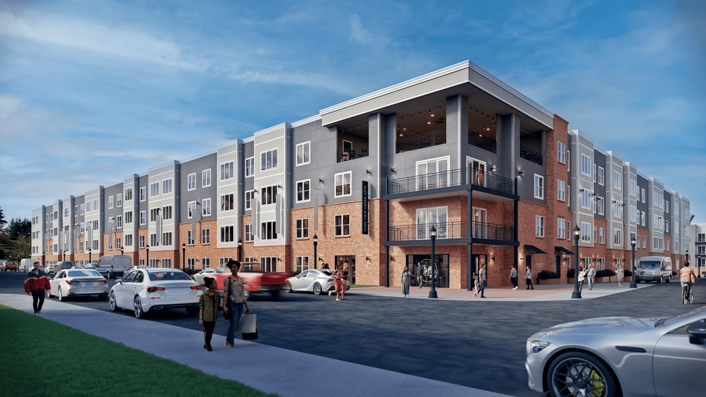 a rendering of an apartment complex with people walking on the sidewalk and cars parked in front of at Park View Greer, Greer, 29365