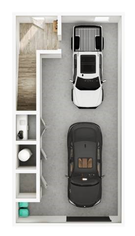 Two cars are parked in a garage.