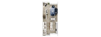 A top-down view of a small apartment with a kitchen, living room, and bathroom.