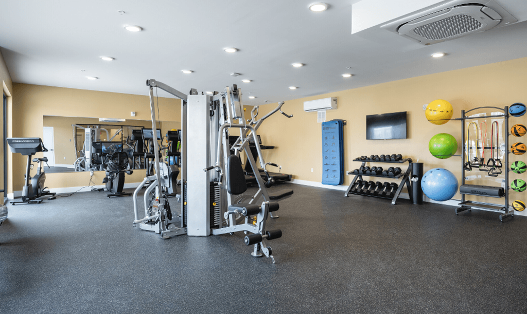 a gym with weights and cardio equipment on the floor and a tv at Park View Greer, Greer, 29365