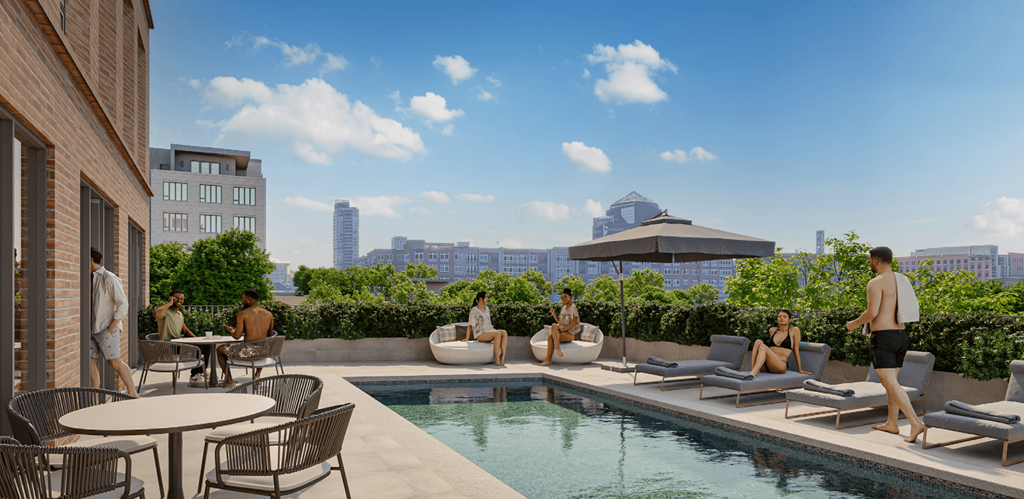 a rendering of a rooftop pool with people sitting around it and a city skyline in the background