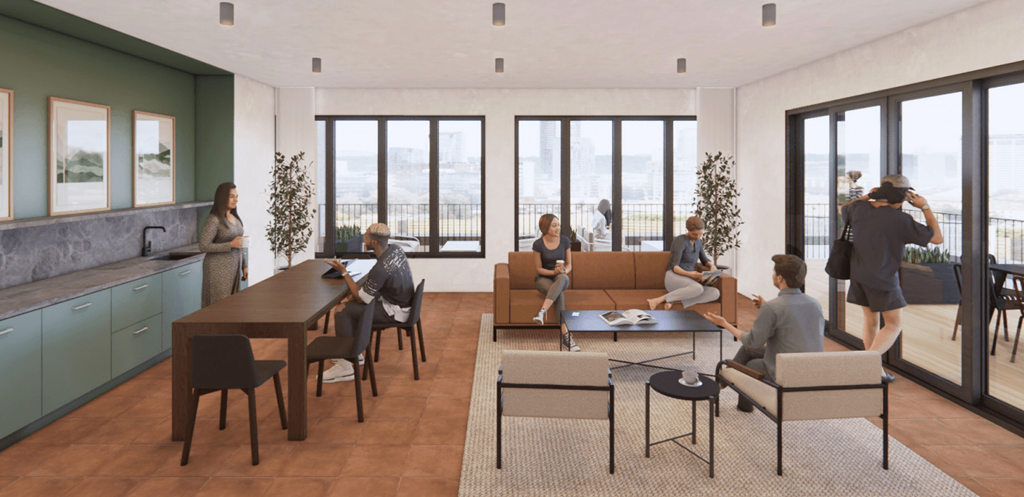 a rendering of a living room with people sitting around a table